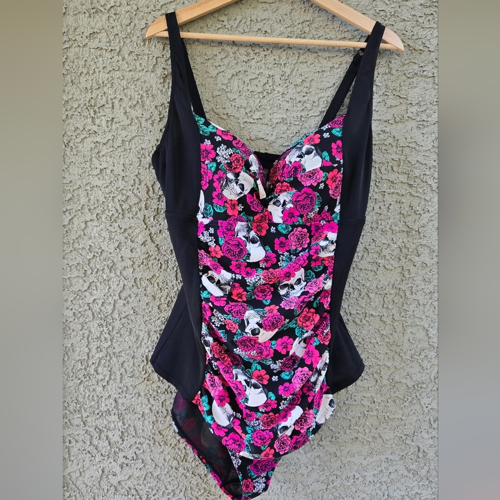 Torrid Pink Skull Rose One Piece Swimsuit - Picture 2 of 10